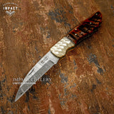 Intricately designed Folding damascus knife, decorative Jewellery grade scalloped brass bolsters, file worked brass spacers, Exotic ram horn handle. UK Knife store, UK Knife seller, UK Knife shop