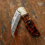 CUSTOM DAMASCUS FOLDING POCKET KNIFE HAND MADE BY IMPACT CUTLERY