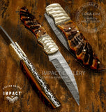 Intricately designed Folding damascus knife, decorative Jewellery grade scalloped brass bolsters, file worked brass spacers, Exotic ram horn handle. UK Knife store, UK Knife seller, UK Knife shop