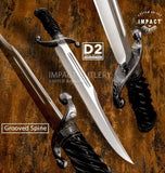 Impact Cutlery UK Custom Grooved Spine Bowie 
Overall: 18.30" Long, Blade: 13" Long, Thickness: 5.75 mm
D2 Tool Steel Blade, Hand-forged damascus Guard, Spiral-twisted Bull Horn Handle, UK Knife store, UK Knife seller.
