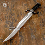 Impact Cutlery UK Custom Grooved Spine Bowie 
Overall: 18.30" Long, Blade: 13" Long, Thickness: 5.75 mm
D2 Tool Steel Blade, Hand-forged damascus Guard, Spiral-twisted Bull Horn Handle, UK Knife store, UK Knife seller.