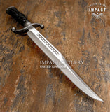 Impact Cutlery UK Custom Grooved Spine Bowie 
Overall: 18.30" Long, Blade: 13" Long, Thickness: 5.75 mm
D2 Tool Steel Blade, Hand-forged damascus Guard, Spiral-twisted Bull Horn Handle, UK Knife store, UK Knife seller.