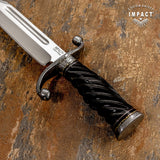 Impact Cutlery UK Custom Grooved Spine Bowie 
Overall: 18.30" Long, Blade: 13" Long, Thickness: 5.75 mm
D2 Tool Steel Blade, Hand-forged damascus Guard, Spiral-twisted Bull Horn Handle, UK Knife store, UK Knife seller.