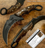 UK Custom Karambit Knife, Black powder coated, Burl wood