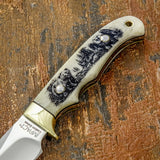 Fine line work and shaded detailing create a hand-illustrated effect that contrasts beautifully against the light natural tone of the camel bone.