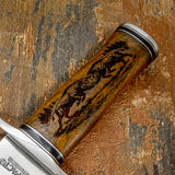 The engraved rosewood handle and wildlife-themed sheath bring the spirit of the wild into the design, creating a piece that is both functional and visually distinctive.
