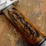 e handle is crafted from rich rosewood and features a deeply engraved wildlife scene depicting two wild boars confronting each other on a forested hillside.