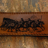 The leather surface features a deeply engraved artwork depicting a group of mounted medieval knights riding forward with lances and shields, capturing the energy and motion of a cavalry charge.
