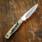  Compact in size yet refined in detail, this piece combines practical field proportions with detailed wildlife artwork on both the handle and leather sheath.