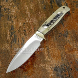 Buy from UK knife store a practical compact hunting design with detailed wildlife engraving on both camel bone handle scales and the leather sheath.
