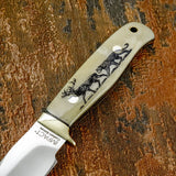 Fine line detailing captures the texture of the leopard’s coat and the stag’s musculature, while light shading defines the ground beneath their hooves.