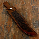handcrafted genuine leather sheath featuring matching engraved dragon artwork and a secure retaining strap for safe carry, storage, and display.