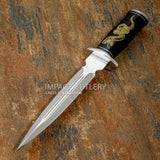 The symmetrical double-edge spear point blade is paired with a deeply engraved bull horn handle and a distinctive engraved leather sheath, creating a powerful piece that blends traditional craftsmanship with mythic symbolism.