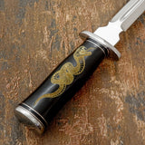 Flowing across the handle is a deeply engraved golden serpent, rendered with fine linework that captures the scales, curves, and coiled posture of the snake. 
