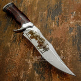  knife features a satin-finished D2 tool steel blade paired with a rich resin handle and a deeply engraved leather sheath, creating a piece that is both visually impressive and highly functional.
