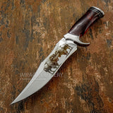 Model #6661 is a striking custom Bowie knife that blends classic American bowie styling with detailed wildlife engraving and premium materials