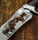 The engraving captures fine detail in the fur texture, curved horns, and muscular posture of the animals