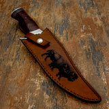 The genuine brown leather sheath continues the wildlife theme with a deeply engraved image of charging bisons
