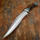 A fixed-blade hunting knife with a polished steel blade and a brown wood-and-turquoise handle, Order from UK Knife store