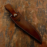A brown leather knife sheath back side