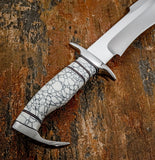 The extended stainless steel pommel curves dramatically downward, white Gem Stone Handle