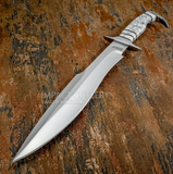 Custom Bowie combination of an unusually patterned white gemstone handle, large satin-finished D2 blade and highly sculpted stainless steel fittings