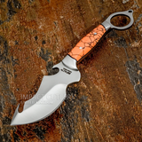 The Sunstone is a distinctive handmade fixed-blade Skinning knife combining an unconventional sculpted profile with a striking gemstone handle. Its vivid orange colouring, crossed by natural dark veining 
