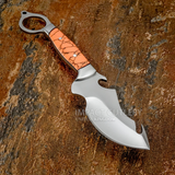 A distinctive handmade fixed-blade Gut hook skinning knife combining an unconventional sculpted profile with a striking gemstone handle. Its vivid orange colouring, crossed by natural dark veining