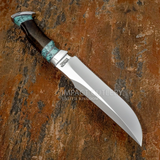 Model # 8067 "Taos" 1-Of-A-Kind UK Custom Gemstone Bowie Knife with Scrollwork Tooling on leather sheath
