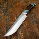 A Unique Custom Bowie Knife from UK Knife Maker, showing gorgeous D2 Polished Blade, Burl Wood and turquoise Gemstone handle, Upswept Blade Profile