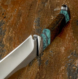 Custom knife from UK Knife store, showing highly figured burl wood handle with turquoise Gemstone Inlay. Satin polished D2 Blade.
