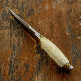 Spine view of Sandstone fixed-blade knife with a polished D2 blade, a cream-colored bone handle, and gold-toned metal accents