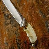 A close-up of a fixed-blade knife with a polished silver blade, a cream-colored bone handle, and gold and black decorative accents, available from UK Knife store.
