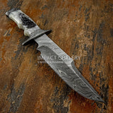 The flowing Damascus pattern blade and luminous pearl resin handle combine to create a refined presentation piece that balances craftsmanship with storytelling detail. 