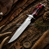 A fixed-blade Survival Camping hunting knife with a polished D2 blade and a red marbled Resin handle, Buy from UK Knife store