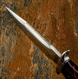 UK Survival Bowie knife with close-up of Sawtooth spine and sharpened top swedge.