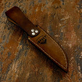 Backside of A brown leather knife sheath with white stitching and two silver rivets