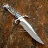 A custom bowie knife with Engraved camel bone handle and Gemstone inlays, D2 Blade, Stainless Steel Guard and But Cap, Buy from UK Knife store