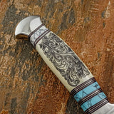 Handle Closeup of Canyon Scroll Bowie Knife, Camel Bone Handle with Intricate Engraving, Gemstone handle, Steel Guard and But Cap, Buy from UK knife dealer