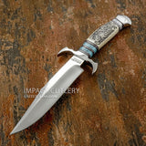 Unique Custom Bowie knife with alot of engraving, Camel Bone and Gemstone Handle, buy from UK Knife Shop