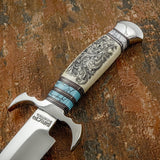 Handle Closeup of Canyon Scroll custom bowie knife, camel bone, gemstone handle