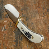 The natural camel bone provides a light background that enhances the dark engraving contrast.