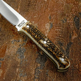 A close-up Stag Antler Handle Bushcraft Knife, Custom Made by Impact Cutlery UK 