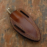 A brown leather knife sheath with light tan contrast stitching and two Belt slots for cross draw