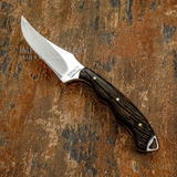 Combined with a sculpted dark wood handle and a handcrafted leather sheath, this knife balances practical outdoor function with a distinctive custom appearance