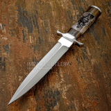 Featuring a symmetrical double-edged satin-finished D2 tool steel blade, this dagger is designed with balance, strength, and visual impact in mind.