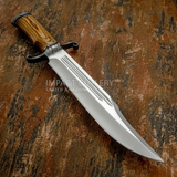 Kingsmarch Handmade Bowie knife with satin D2 steel blade, double fuller, wood handle and hand forge damascus guard
