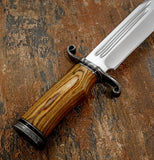 Handle of Kingsmarch Handmade Bowie knife with satin D2 steel blade, double fuller, wood handle and hand forge damascus guard
