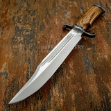 Other side of Kingsmarch Bowie knife, Dual Blood grooved, Hand Forged Damascus Guard, D2 Blade, Wood Handle