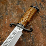 Closeup of Kingsmarch Bowie knife, Dual Blood grooved, Hand Forged Damascus Guard, D2 Blade, Wood Handle, UK Knife